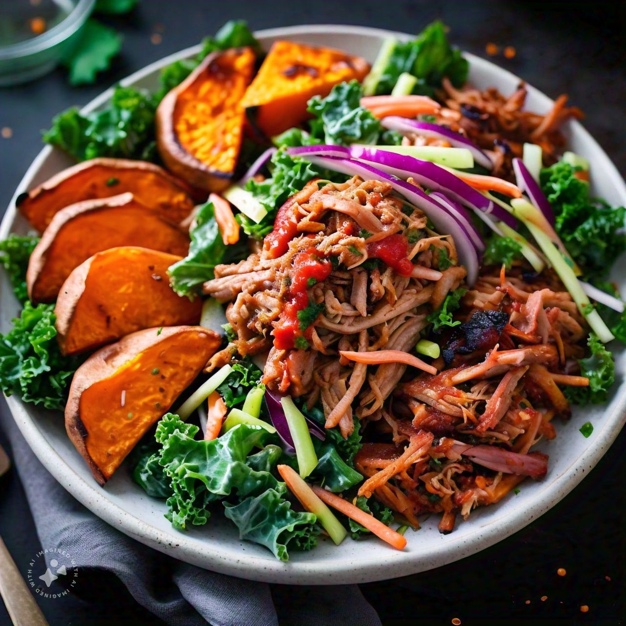 Chipotle Pulled Pork with Kaleslaw and Roasted Sweet Potato