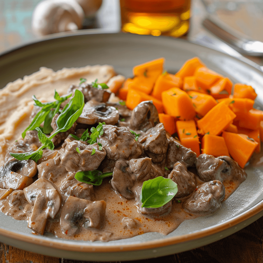 Beef Stroganoff with Beetroot and Sweet Potato Mash