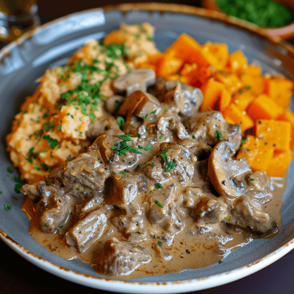 Beef Stroganoff with Beetroot and Sweet Potato Mash