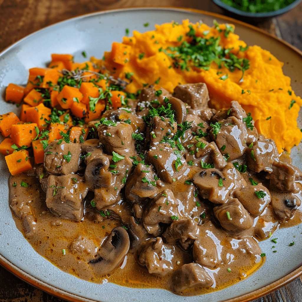 Beef Stroganoff with Beetroot and Sweet Potato Mash