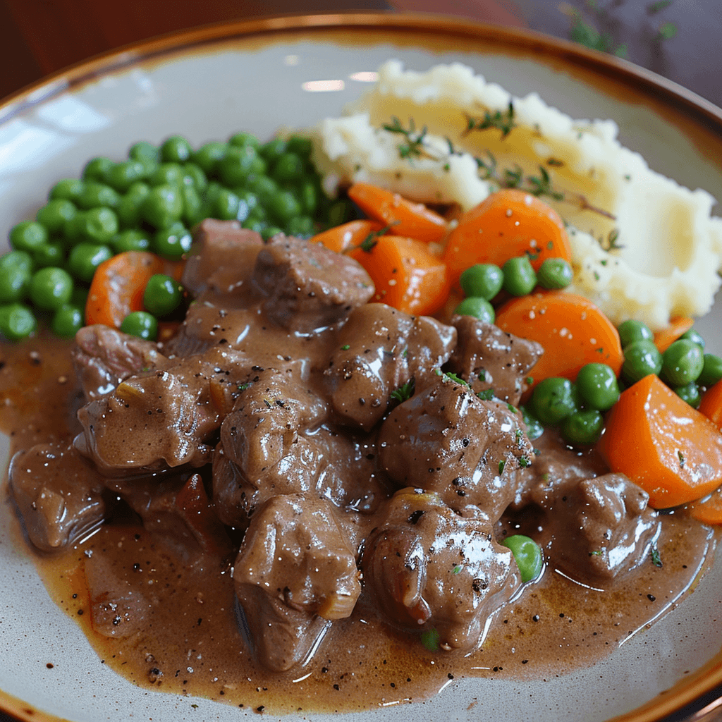 Pepper Steak With Mash, Peas and Carrots