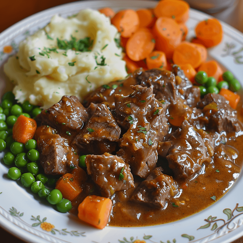 Pepper Steak With Mash, Peas and Carrots