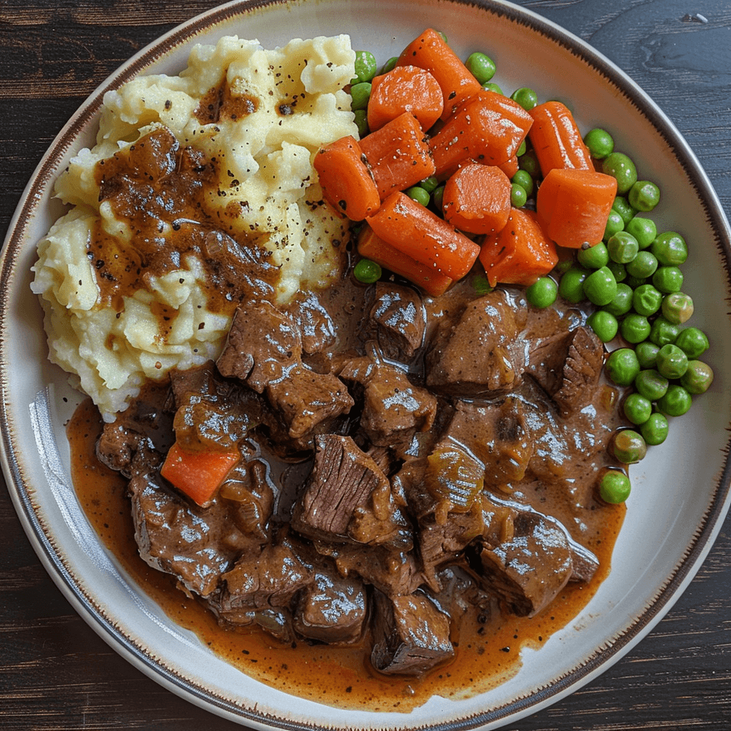 Pepper Steak With Mash, Peas and Carrots